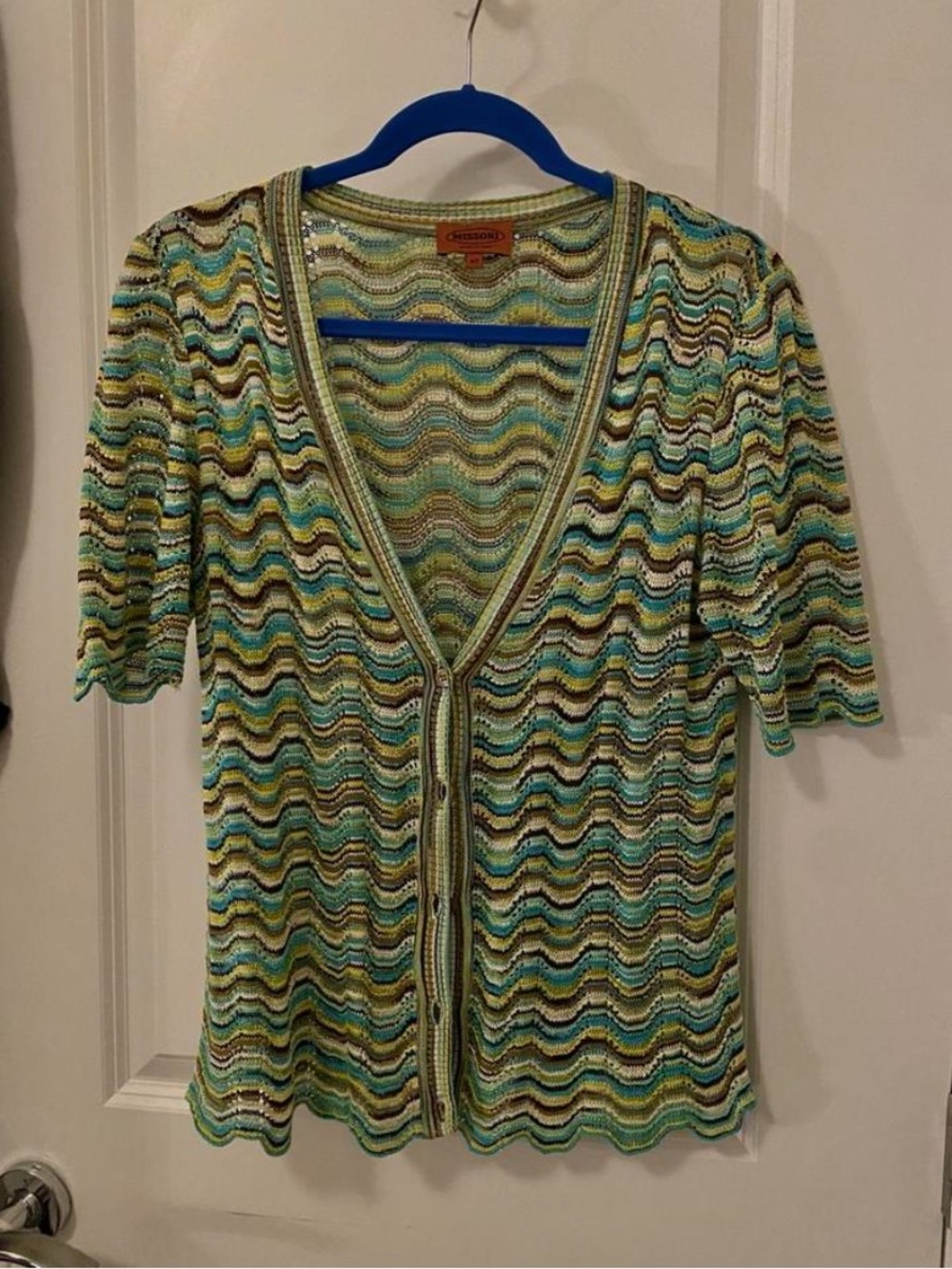 Missoni Multicolor Wave Knit V-Neck Short Sleeve Cardigan - Green Blue Brown